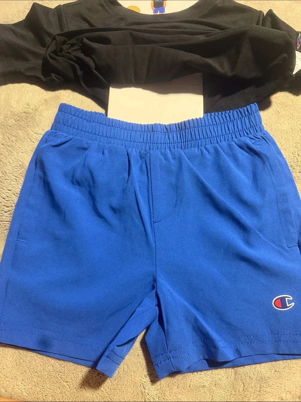 Champion Black Tee with Multicolor Logo & Blue Shorts